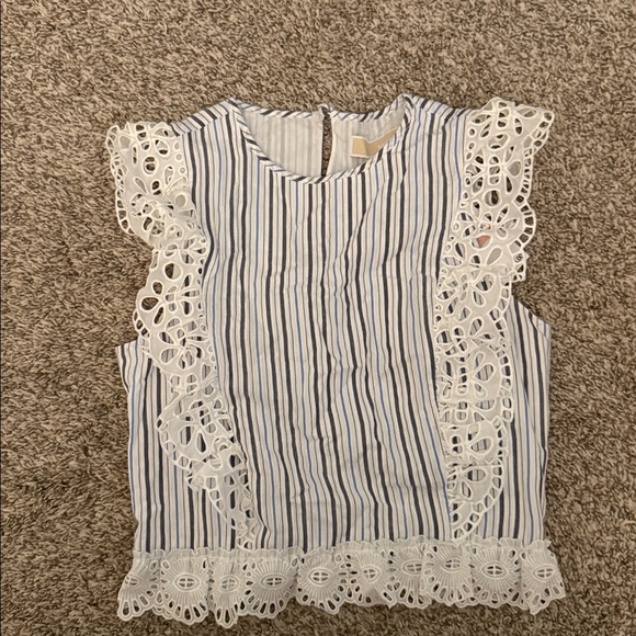 Michael Kors Blue and White Striped Top with Lace - Picture 1 of 4